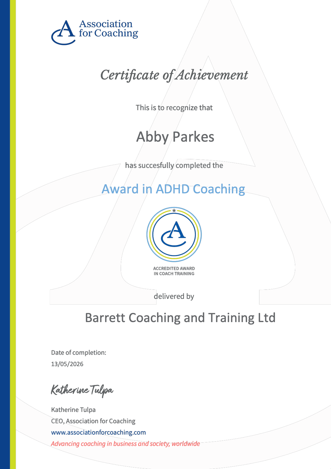 Association for Coaching - Award in ADHD Coaching - Abby Parkes