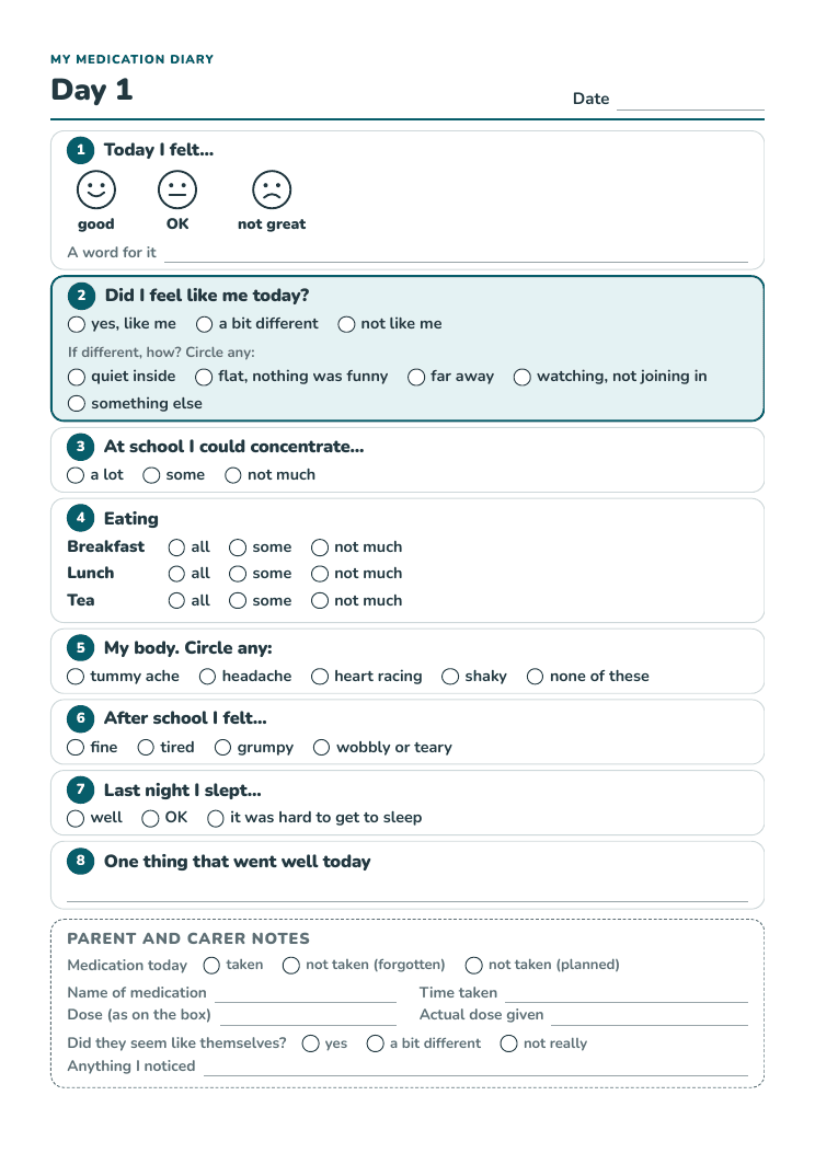 A daily page from the medication diary: circle-the-answer questions about how the day felt, with a notes box for the parent or carer at the bottom.